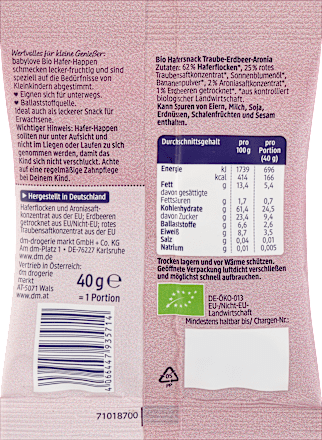 Frucht-Getreide-Riegel Happen Hafer & rote Früchte ab 1 Jahr, 40 g