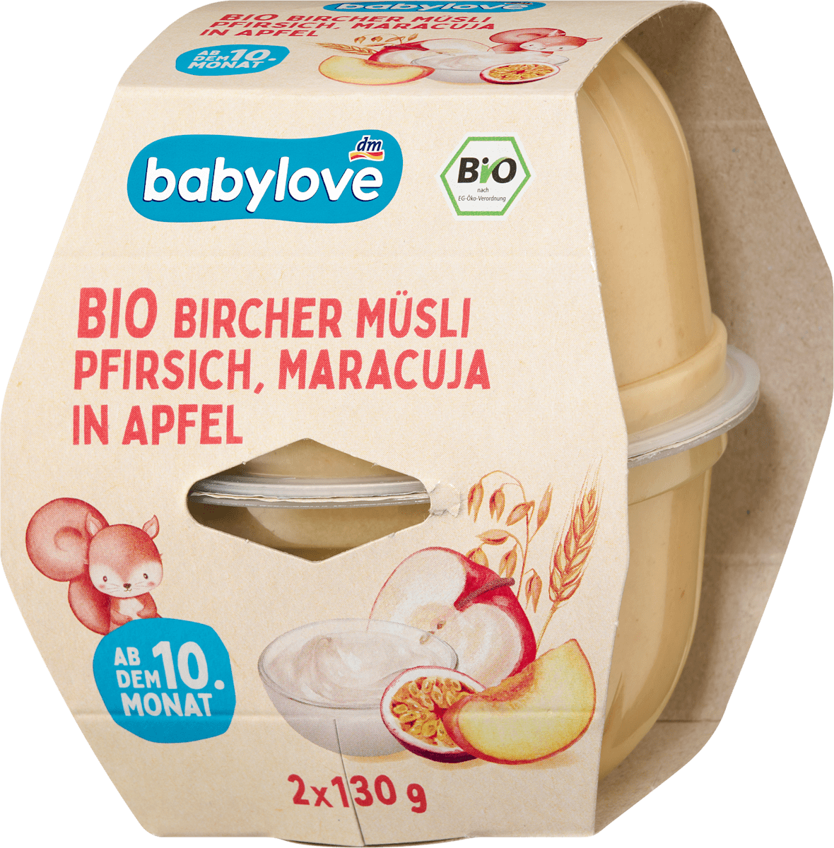 babylove Frucht & Getreide Bircher Müsli Pfirsich, Maracuja in Apfel ab dem 10. Monat, 2 x 130 g, 260 g