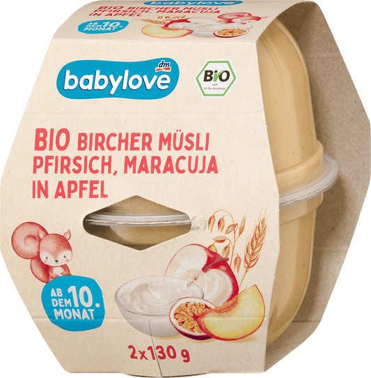babylove Fruits & Céréales Bircher Muesli Pêche, Fruit de la passion à la Pomme à partir du 10e mois, 2 x 130 g, 260 g