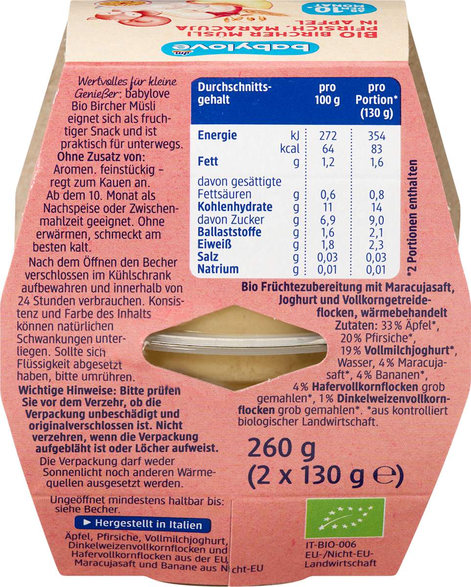 babylove Frucht & Getreide Bircher Müsli Pfirsich, Maracuja in Apfel ab dem 10. Monat, 2 x 130 g, 260 g