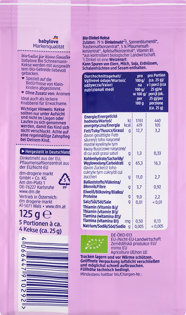 babylove Kinderkekse Schneemann Dinkel Pflaume ab 1 Jahr, 125 g