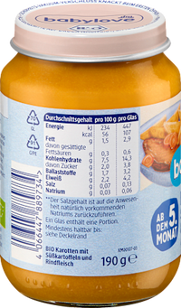 Menü Karotten mit Süßkartoffeln und Rind ab dem 5. Monat, 190 g