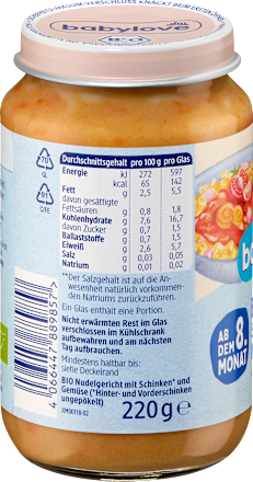 Menü Schinkennudeln mit Gemüse, ab dem 8. Monat, 220 g