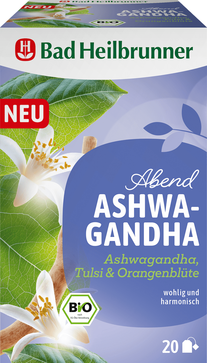 Bad Heilbrunner Kräutertee Abend Ashwagandha mit Ashwagandha, Tulsi & Orangenblüte (20 Beutel), 36 g