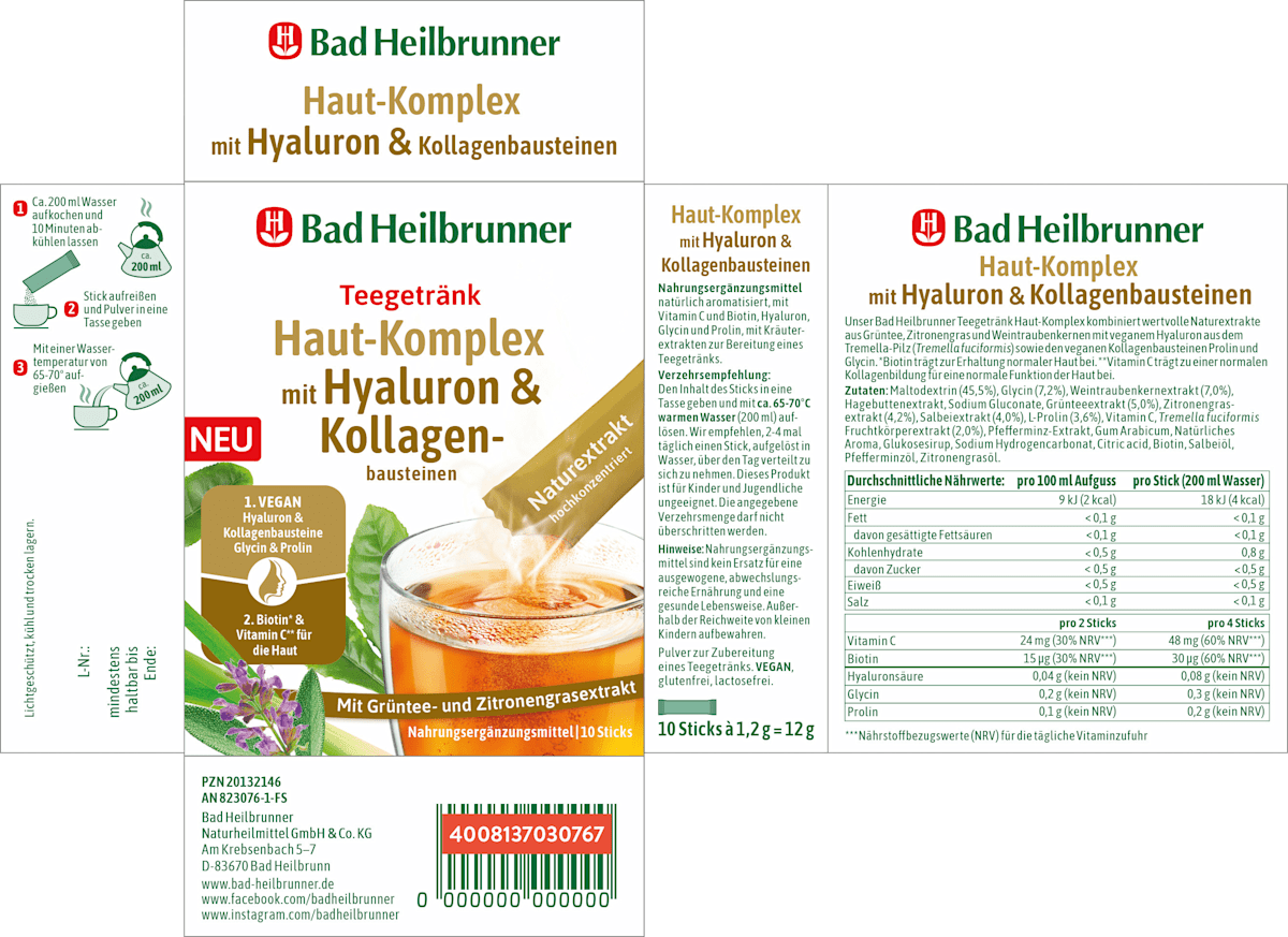 Teegetränk, Haut-Komplex mit Hyaluron & Kollagenbausteinen (10 Sticks), 12 g
