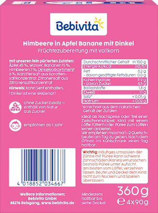 Quetschie Himbeere Banane in Apfel mit Dinkel, ab 1 Jahr (4x90 g), 360 g
