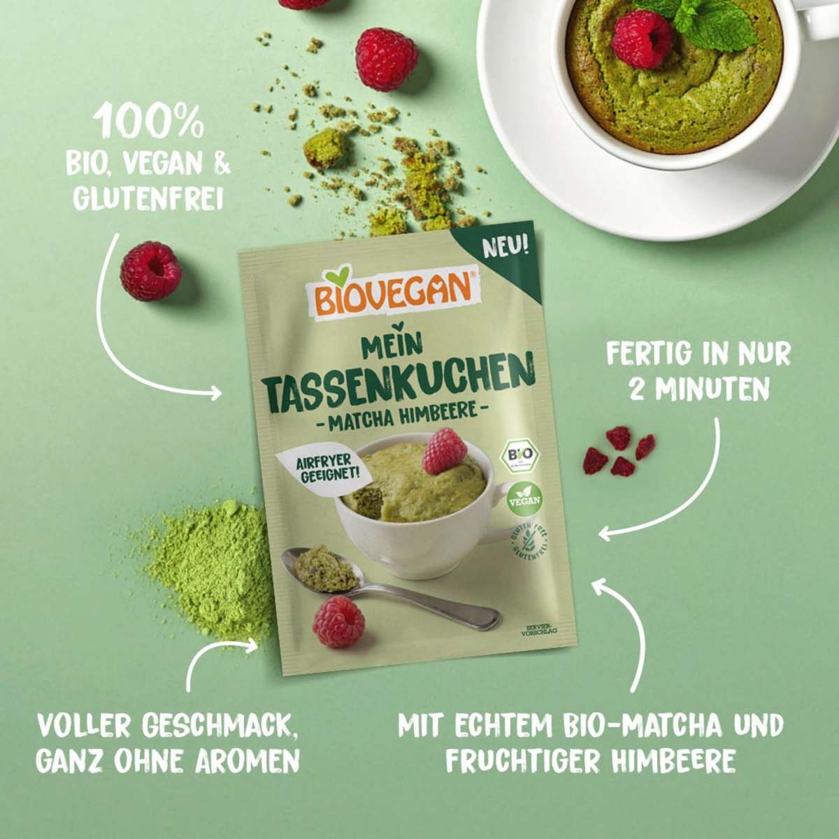 BIOVEGAN Mein Tassenkuchen, Matcha Himbeere, 55 g