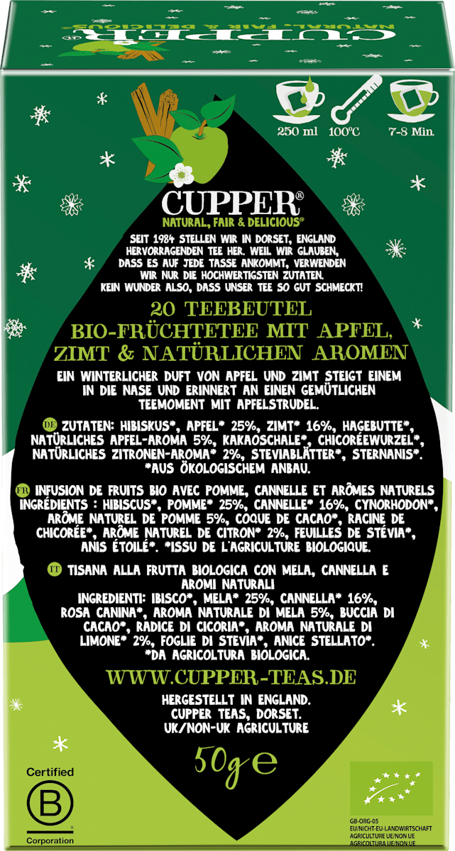 Cupper Früchtetee, Winter Strudel mit Apfel & Zimt (20 Beutel), 50 g