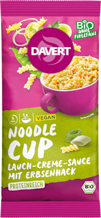 Fertiggericht, Noodle Cup Lauch-Creme-Sauce mit Erbsenhack, 58 g