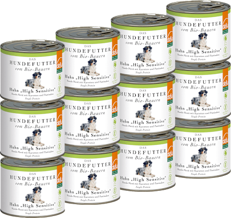 Nassfutter Hund mit Bio Huhn sensitiv getreidefrei, Multipack (12x200 g), 2,4 kg