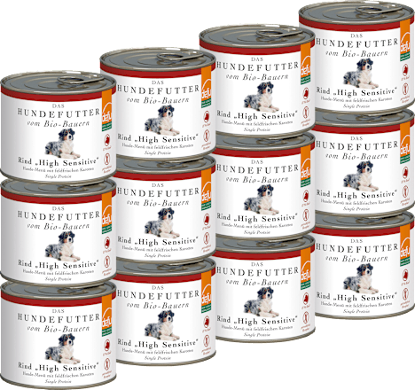Nassfutter Hund mit Bio Rind sensitiv getreidefrei, Multipack (12x200 g), 2,4 kg