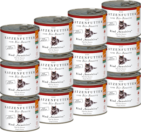 Nassfutter Katze mit Bio Rind sensitive, Multipack (12x200 g), 2,4 kg