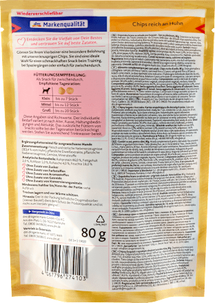 Hundeleckerli Chips, reich an Huhn, Exquisit, 80 g