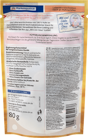 Hondensnacks leverworst plakjes met kippenlever, Oma's keukenklassieker, 80 g