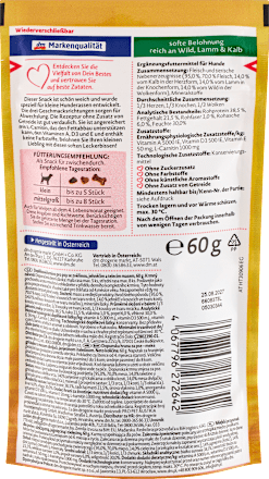 Hundeleckerli reich an Wild, Lamm & Kalb, softe Belohnung für kleine Hunde, 60 g