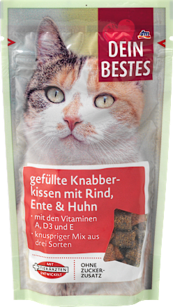Kattensnacks, gevulde knabbelkussentjes met rundvlees, eend &amp; kip, 65 g