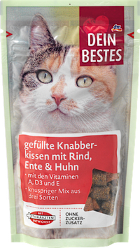 Kattensnacks, gevulde knabbelkussentjes met rundvlees, eend &amp; kip, 65 g