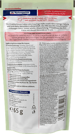 Kattensnacks, gevulde knabbelkussentjes met rundvlees, eend &amp; kip, 65 g