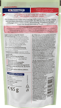 Kattensnacks, gevulde knabbelkussentjes met rundvlees, eend &amp; kip, 65 g