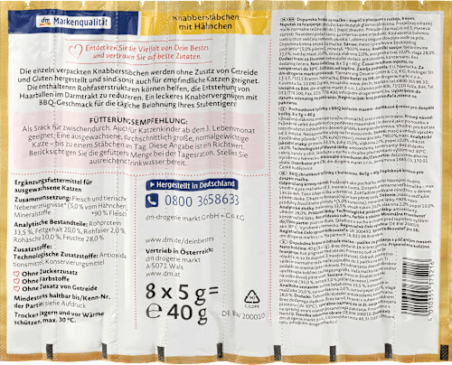 Kattensnacks, knabbelstokjes met kip, BBQ (8 stuks), 40 g