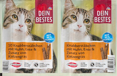 Kattensnacks met kip, eend en kattengras (10 sticks), 50 g