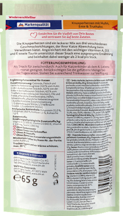 Kattensnack, krokante hartjes met kip, eend en kalkoen, 65 g