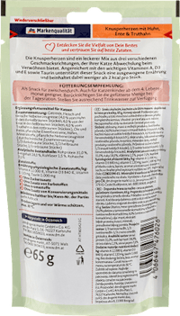 Kattensnack, krokante hartjes met kip, eend en kalkoen, 65 g