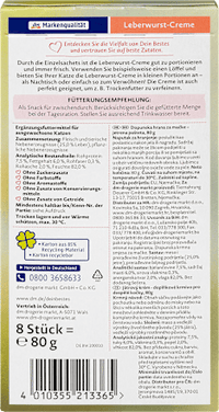 Kattensnoepjes, leverworstcrème met lever, multipack (8 stuks), 80 g