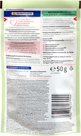 Dein Bestes Katzenleckerli Mini Sticks mit Huhn, Ente, Rind & Katzenminze, 50 g