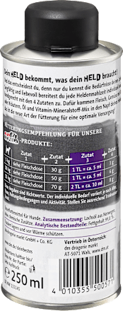 Nahrungsergänzung Hund pures Lachsöl, Heldenmahlzeit, 250 ml