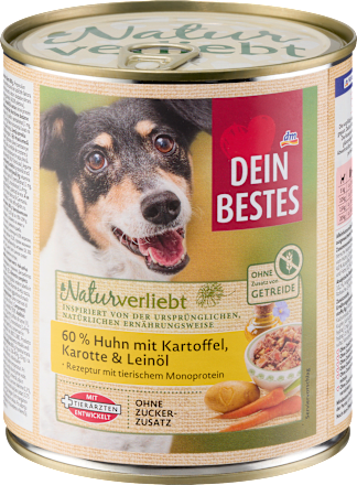 Nassfutter Hund mit 60% Huhn mit Kartoffeln, Naturverliebt, 800 g