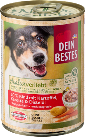 Nassfutter Hund mit 60% Rind mit Kartoffel, Karotte & Distelöl, Naturverliebt, 400 g
