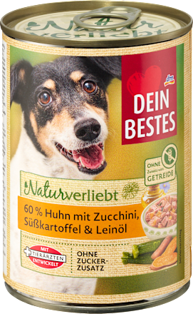 Nassfutter Hund mit Huhn & Zucchini, Süßkartoffel & Leinöl, Naturverliebt, 400 g