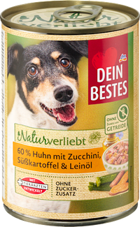 Nassfutter Hund mit Huhn & Zucchini, Süßkartoffel & Leinöl, Naturverliebt, 400 g