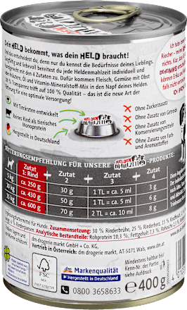 Nassfutter Hund mit Rind, Heldenmahlzeit, 400 g