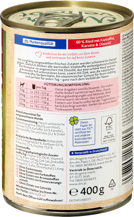 Nassfutter Hund mit Rind, Kartoffel, Karotte & Distelöl, Naturverliebt, 400 g