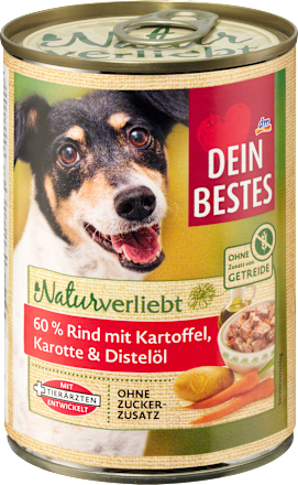 Nassfutter Hund mit Rind, Kartoffel, Karotte & Distelöl, Naturverliebt, 400 g