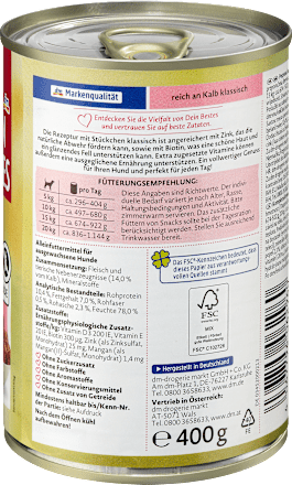 Nassfutter Hund reich an Kalb, Multipack (6x400 g), 2,4 kg