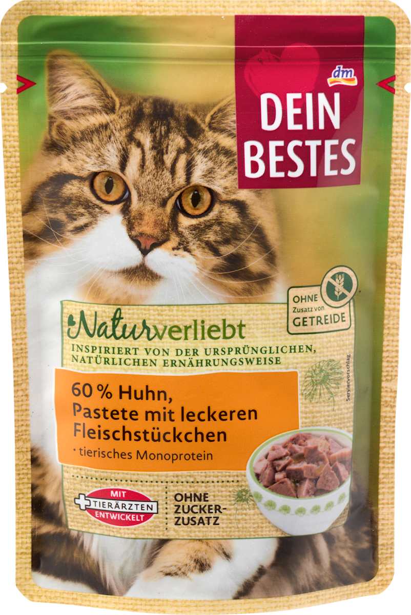 Dein Bestes Nassfutter Katze 60% Huhn Pastete mit Fleischstückchen, Naturverliebt, 85 g