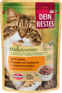 Dein Bestes Nassfutter Katze 60% Huhn Pastete mit Fleischstückchen, Naturverliebt, 85 g