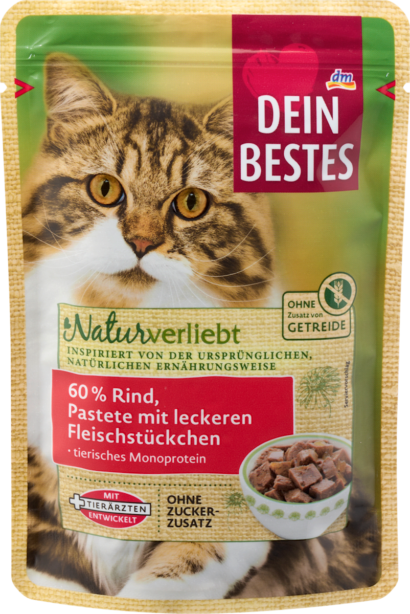 Dein Bestes Nassfutter Katze 60% Rind Pastete mit Fleischstückchen, Naturverliebt, 85 g