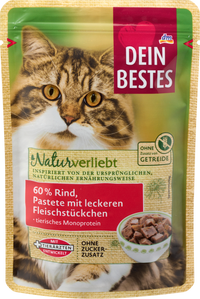 Dein Bestes Nassfutter Katze 60% Rind Pastete mit Fleischstückchen, Naturverliebt, 85 g