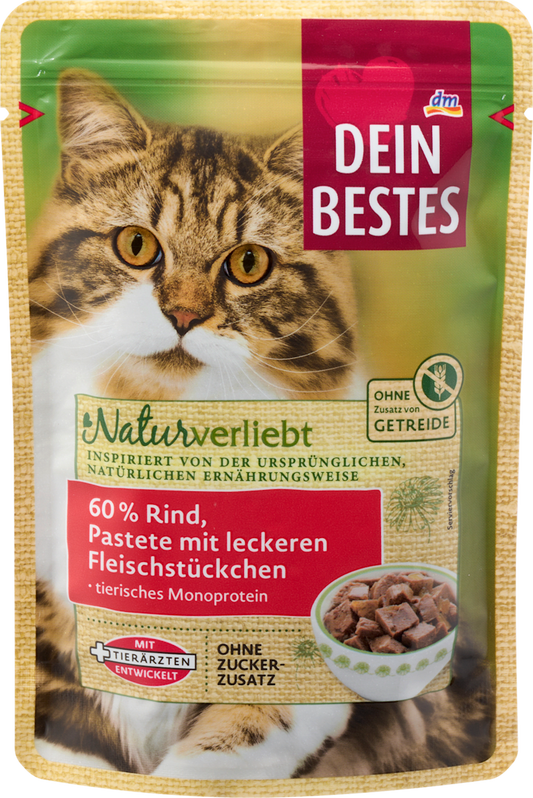 Dein Bestes Pâtée humide pour chat 60% bœuf, pâté avec morceaux de viande, Naturverliebt, 85 g