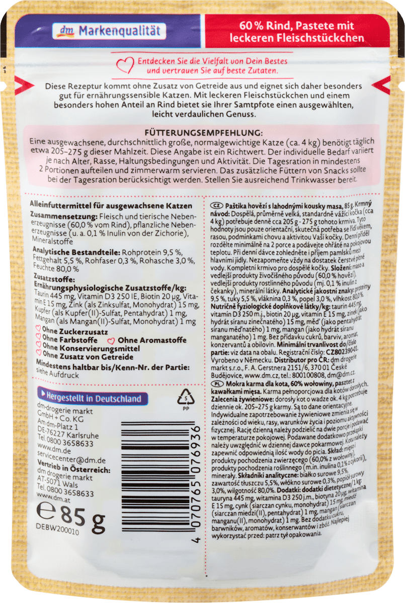Dein Bestes Nassfutter Katze 60% Rind Pastete mit Fleischstückchen, Naturverliebt, 85 g