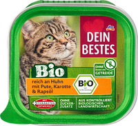 Biologisch natvoer voor katten, rijk aan kip met kalkoen, wortel en koolzaadolie, 100 g