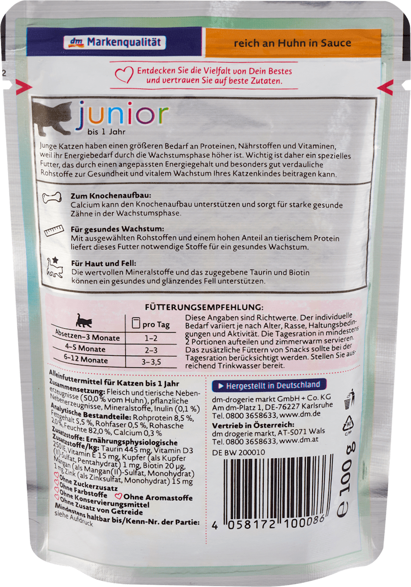 Dein Bestes Nassfutter Katze Kitten reich an Huhn in Sauce, Junior Multipack (18x100 g), 1.800 g