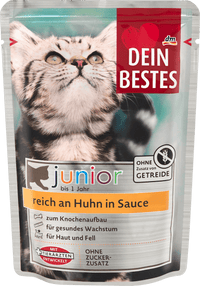 Dein Bestes Nassfutter Katze Kitten reich an Huhn in Sauce, Junior Multipack (18x100 g), 1.800 g