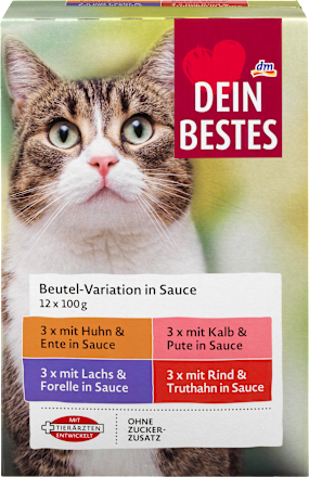 Nat kattenvoer met kip, zalm, kalfsvlees, rundvlees in saus, multipack (12 x 100 g), 1200 g