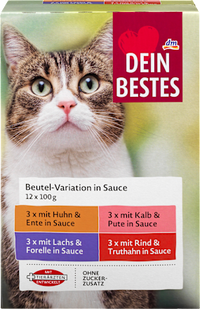 Nat kattenvoer met kip, zalm, kalfsvlees, rundvlees in saus, multipack (12 x 100 g), 1200 g