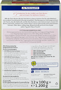 Nat kattenvoer met kip, zalm, kalfsvlees, rundvlees in saus, multipack (12 x 100 g), 1200 g